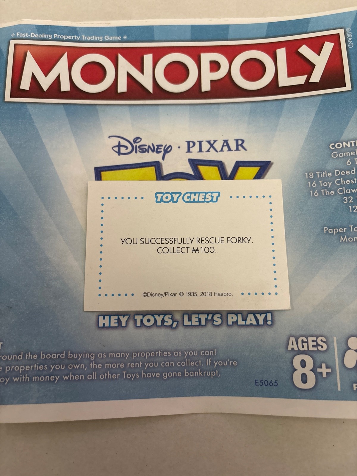 2018 Monopoly Toy Story You Successfully Rescue Forky Community Chest Card Game