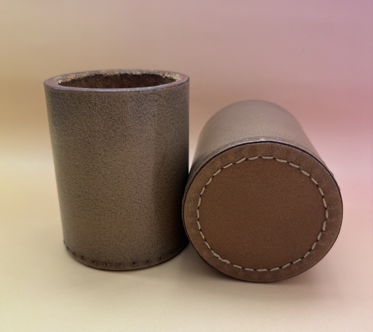 TWO Vintage DICE CUPS Shakers Tan Leather Round Backgammon Crisloid-Style