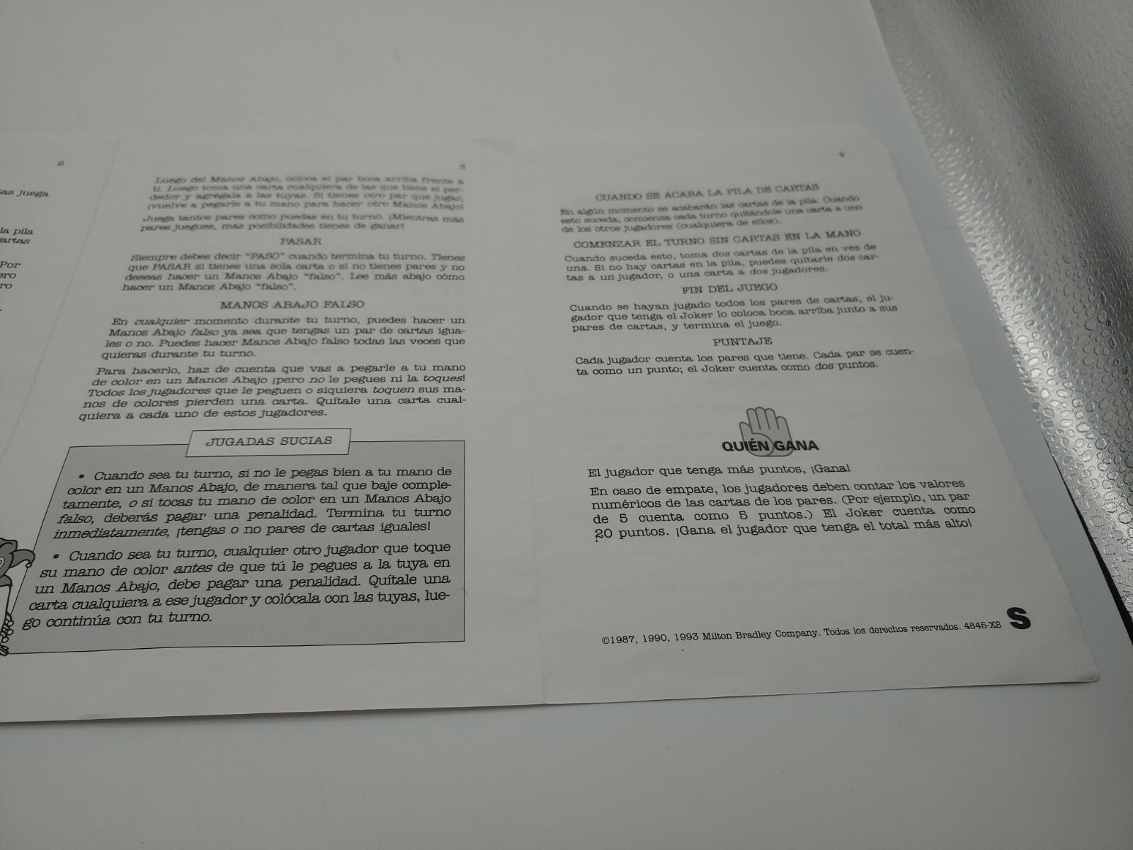 1990 Hands Down Board Game Replacement Instruction Manual Rules Only