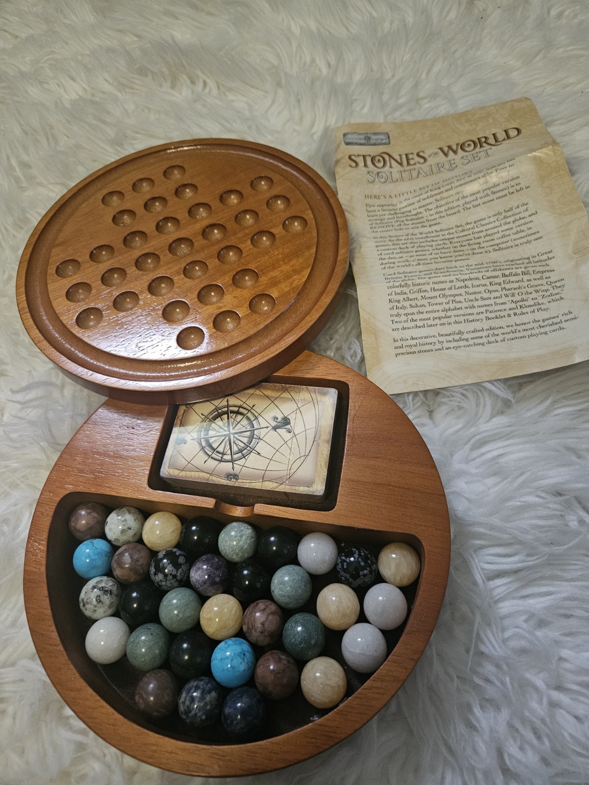 Vintage Arolly Wooden Handmade Marble Solitaire Game Set w/33 Stone Marbles