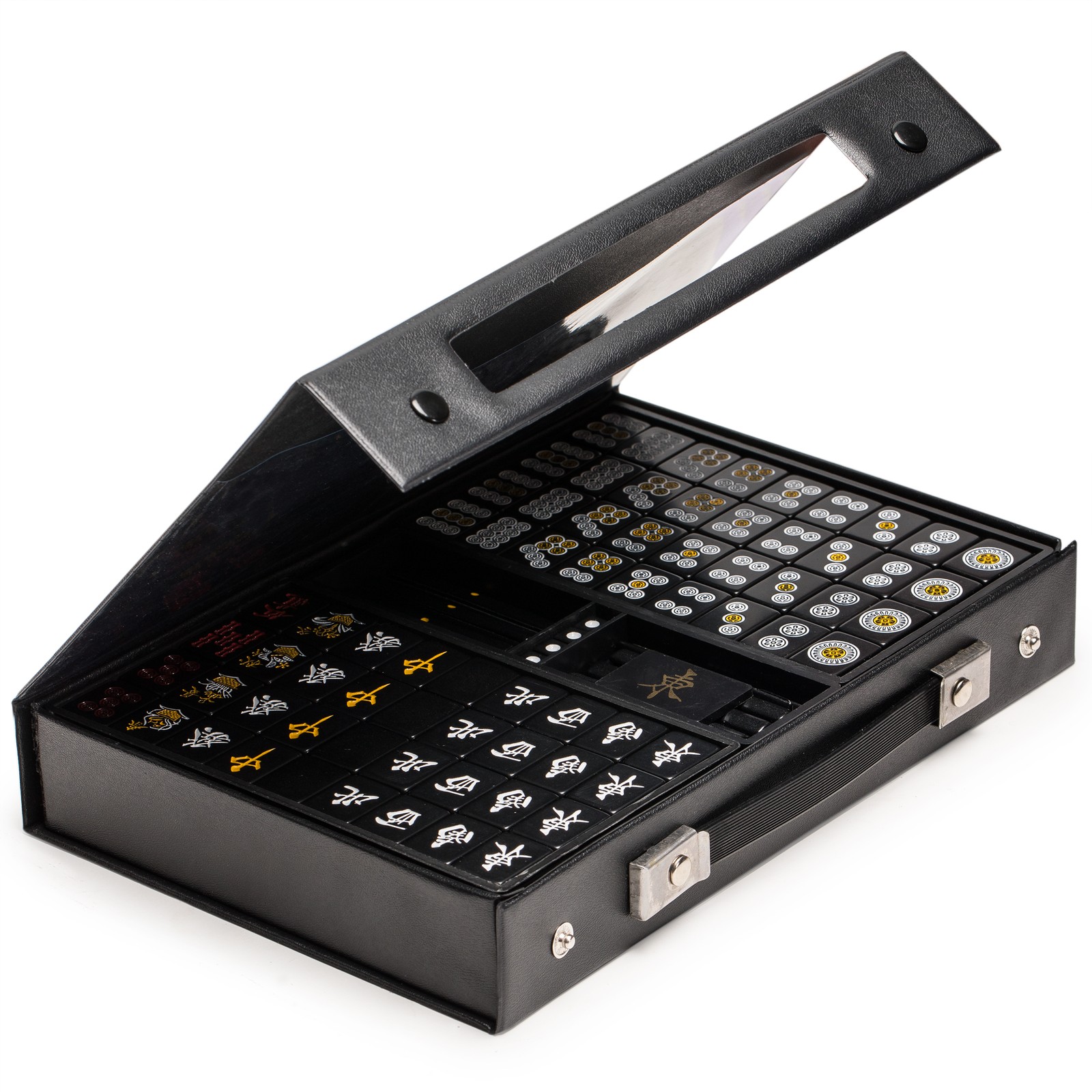 Japanese Riichi Mahjong Set with Black Standard Size Tiles and Black Vinyl Case