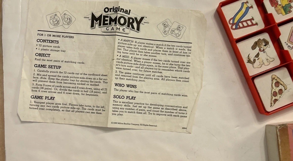 Vintage Kids Board Game 1990 Milton Bradley Original MEMORY Game
