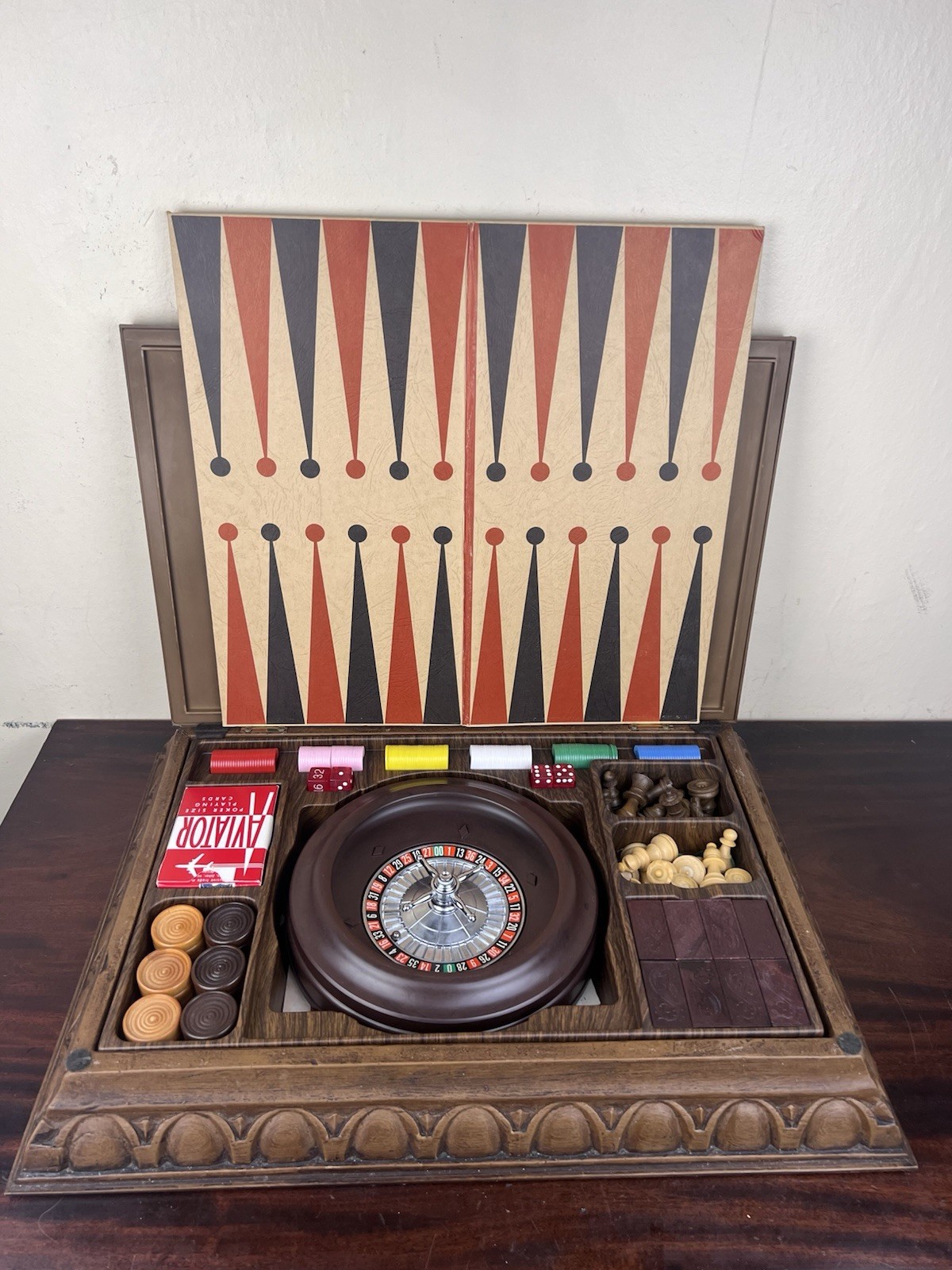 1970s Game Set w/ Box Chess Checkers Roulette Backgammon Dominoes Faux Wood