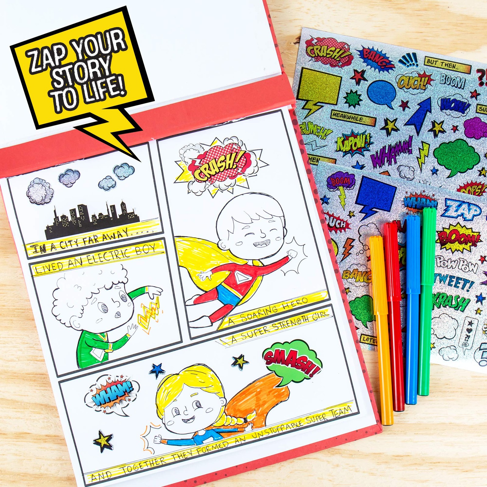 Comic Book Kit Kids 15 Page Hardcover Drawing Guide Stickers Markers Make How-to