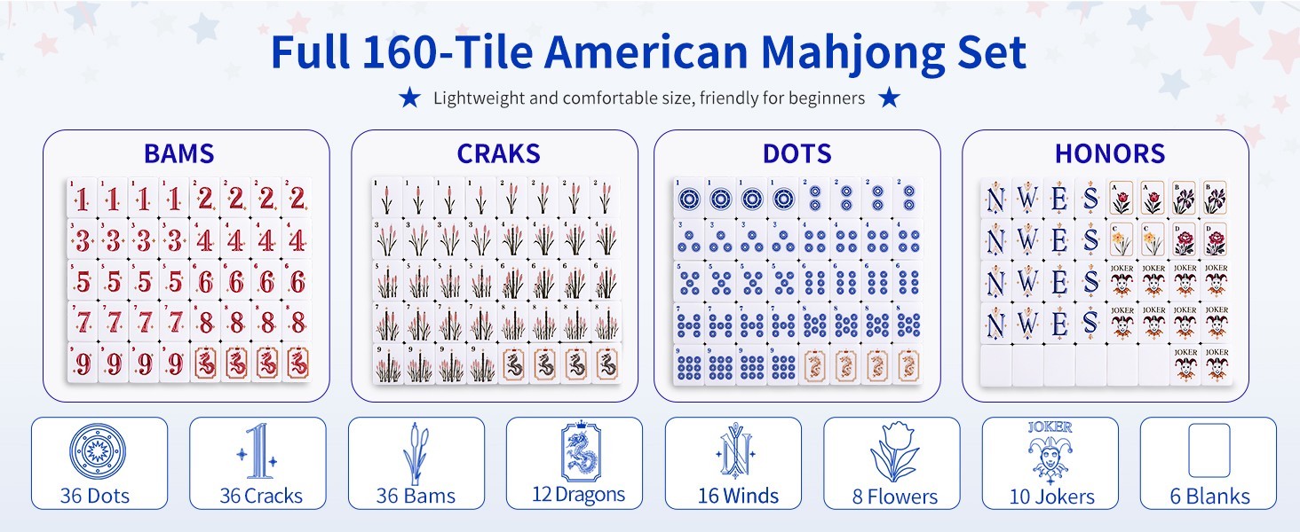 Vintage Americana American Mahjong Tile Set, 160 Engraved Melamine Mahjong Tiles