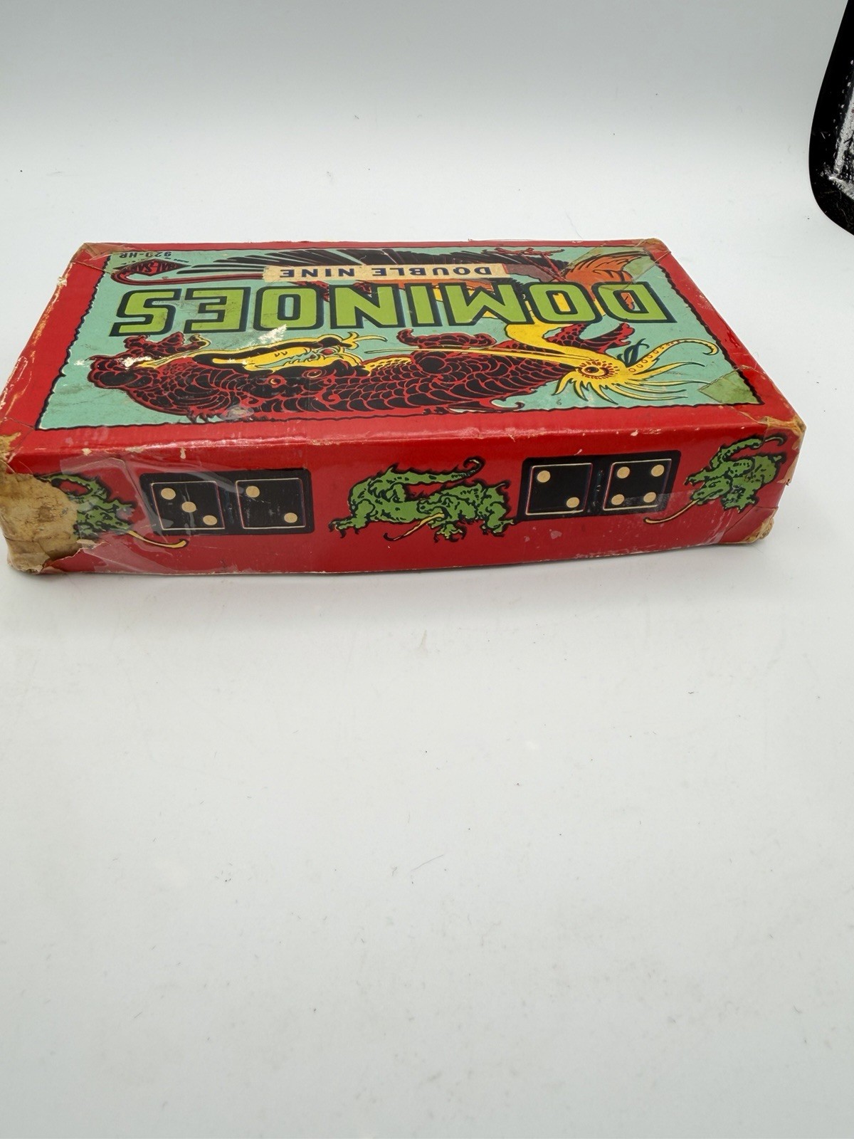 Vintage Double Nine Dominoes Dragon Box Colored Dots 55 Tiles Read