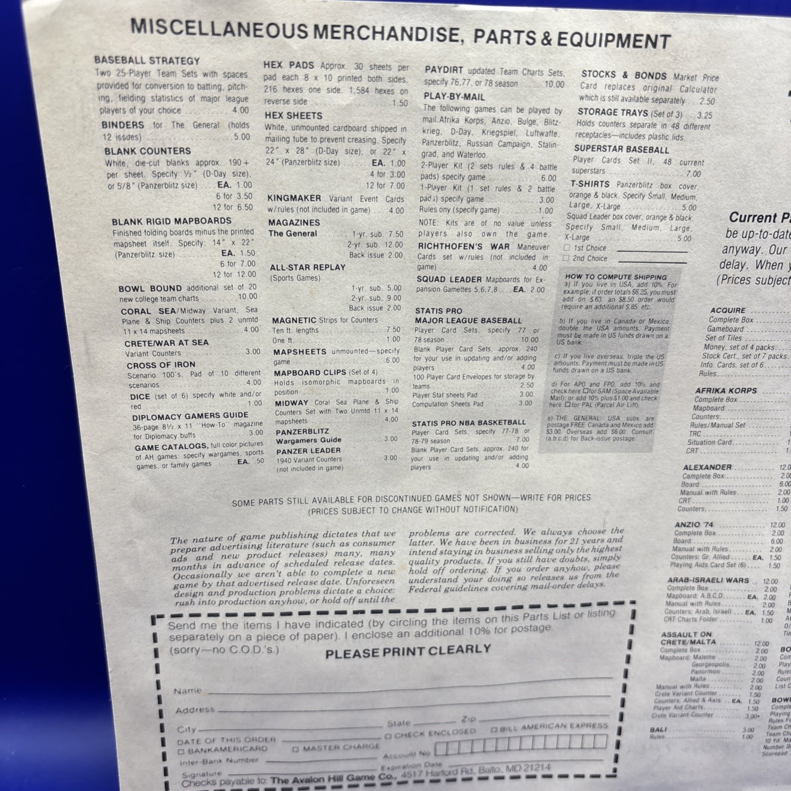 The Avalon Hill Game Company Fall-Xmas 1979 Original Parts List Order Form