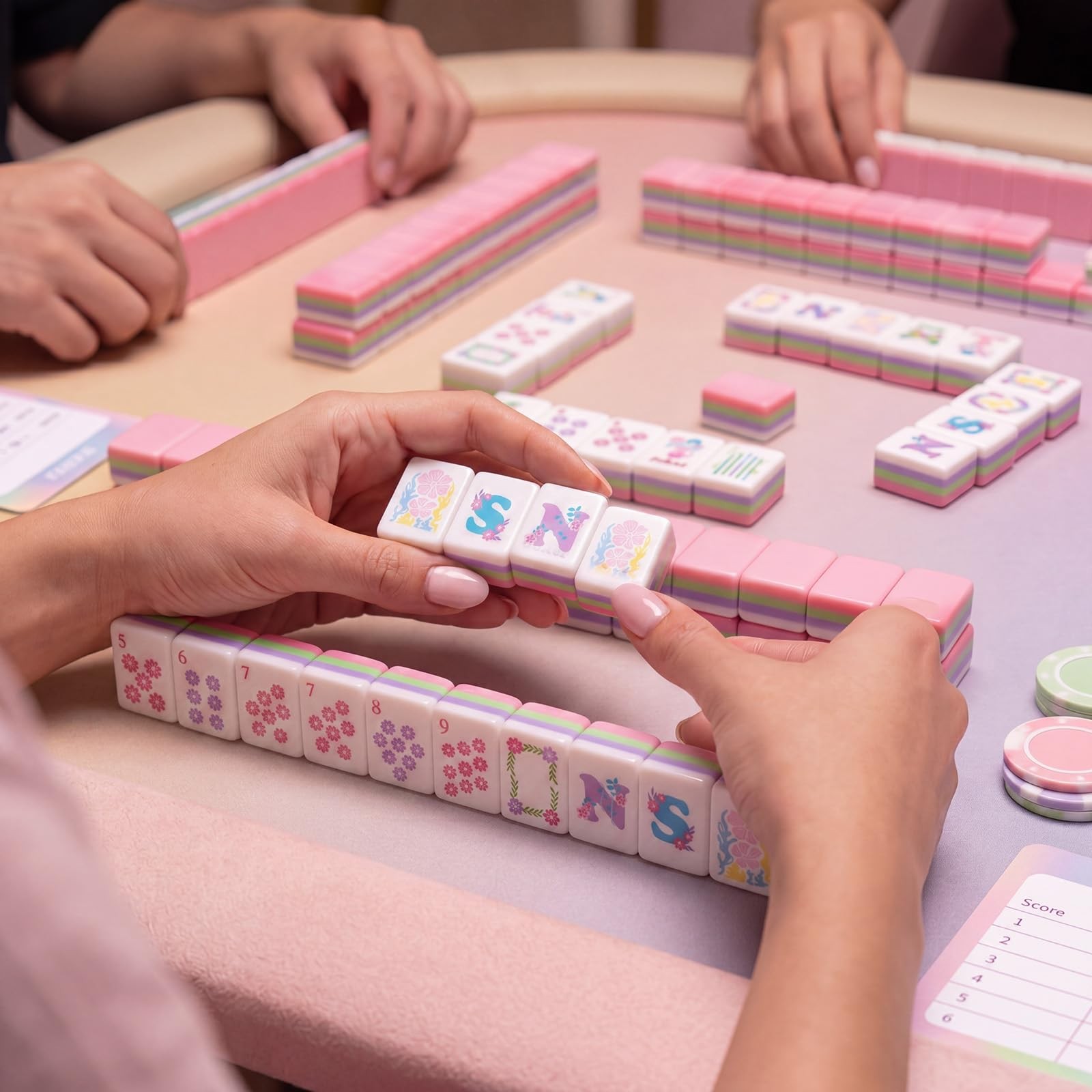 Arrowbash 160 Pcs Mini Mahjong Tiles Set 1 Inch Tiles Pink Flowers American M…