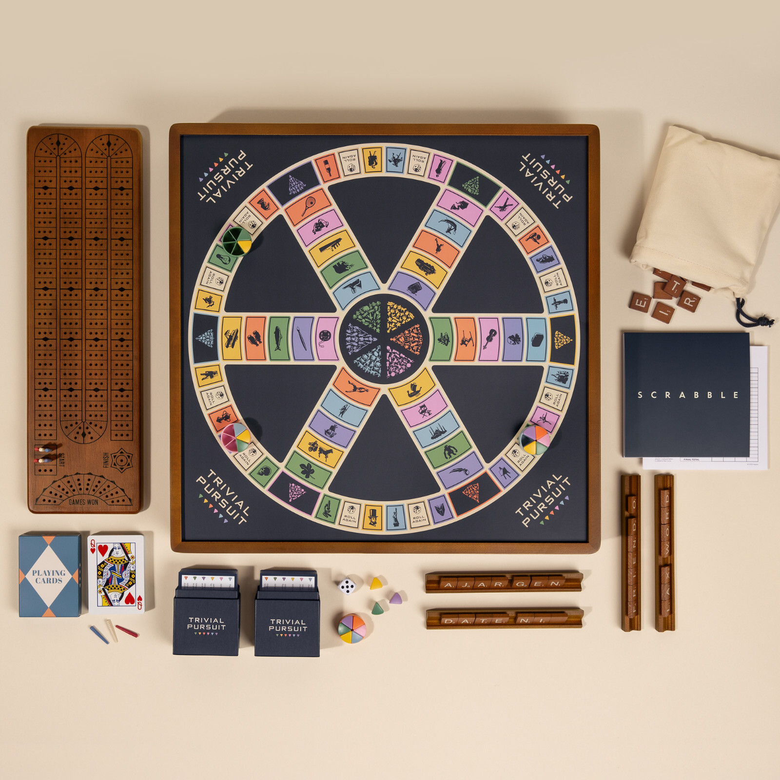 WS Game Co. 3-in-1 Premium Game Collection: Scrabble, Trivial Pursuit, Cribbage