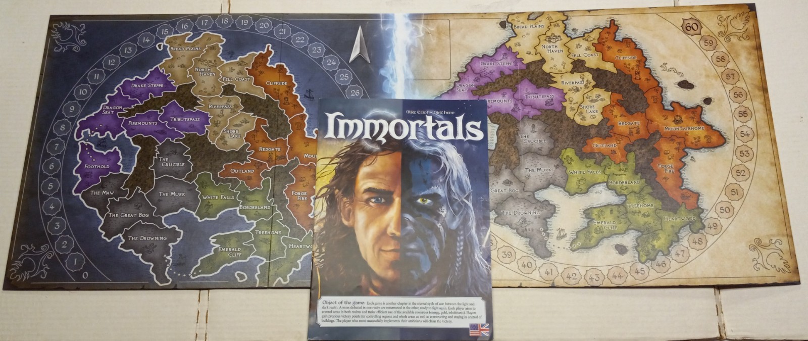 IMMORTALS Board Game Queen Games Almost Complete in Box Missing 1 Green Cube