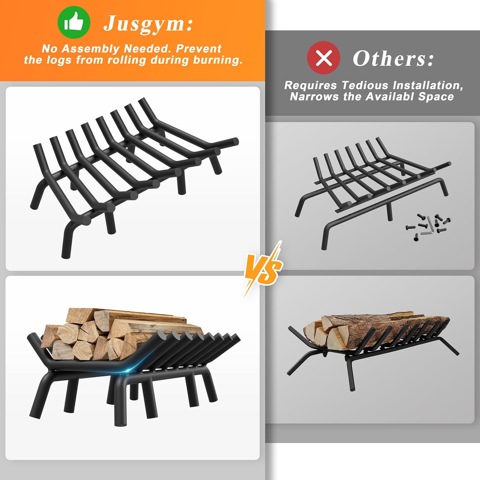 Jusgym Fireplace Grate 30 Inch with 8 Support Legs, 30 inch round, Black