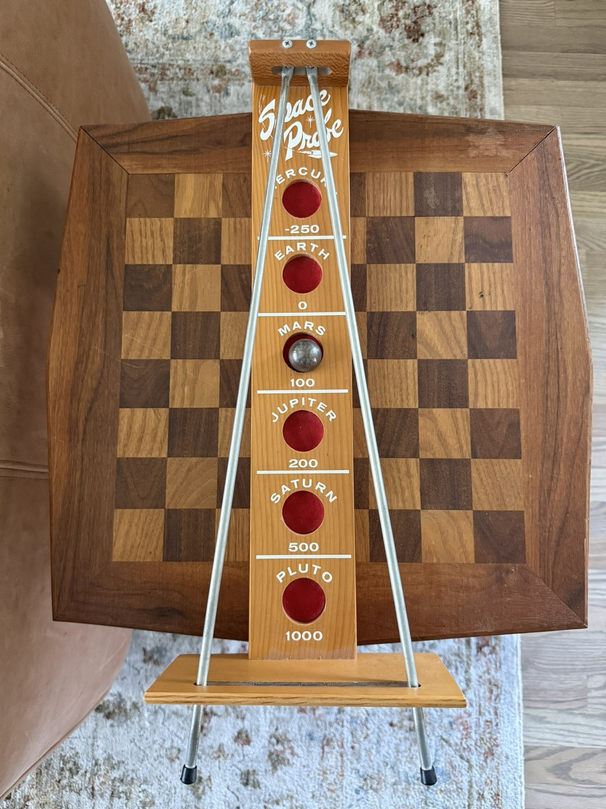 Vintage 1960’s Atomic Space Probe Wooden Rolling Ball Gravity Skill Game MCM