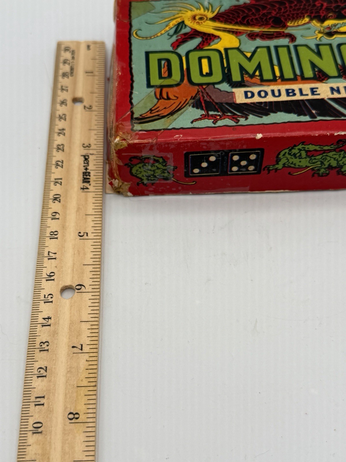 Vintage Double Nine Dominoes Dragon Box Colored Dots 55 Tiles Read