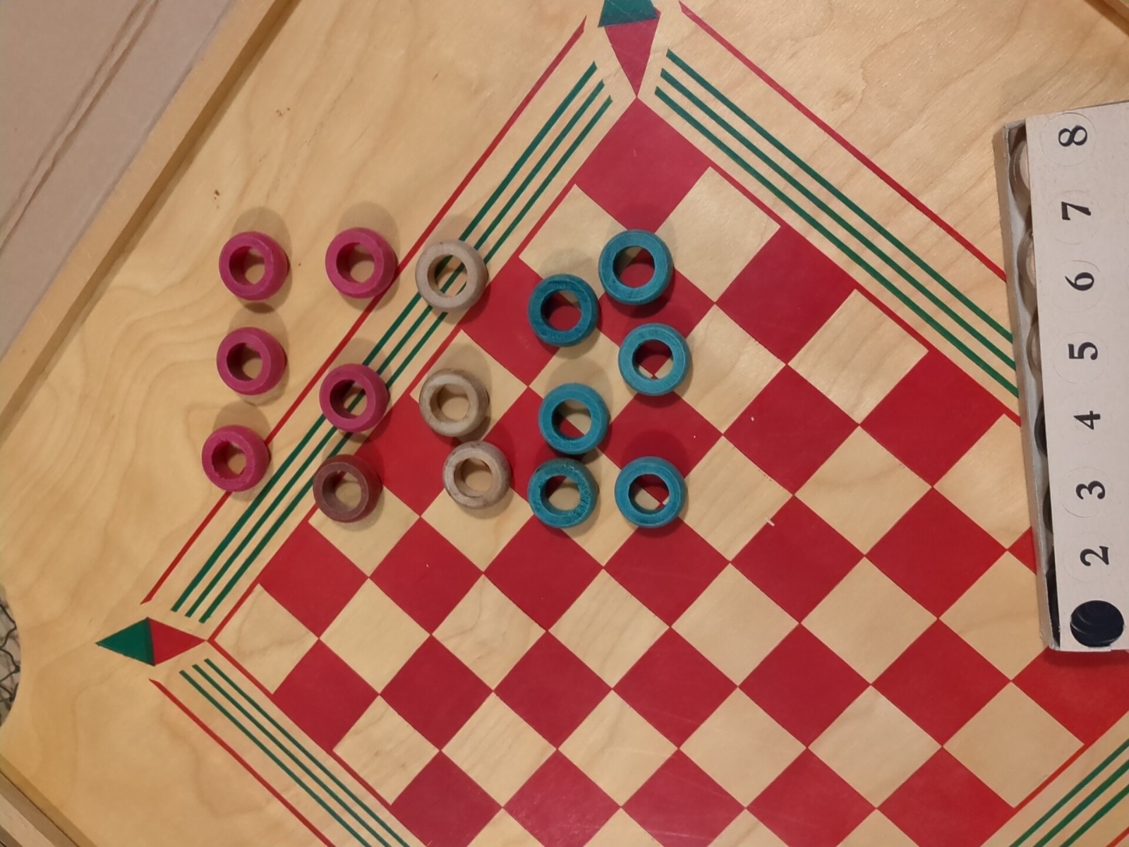 1950 No 50 Carrom Board from Carrom Industries w partial Set of Checkers & Rings