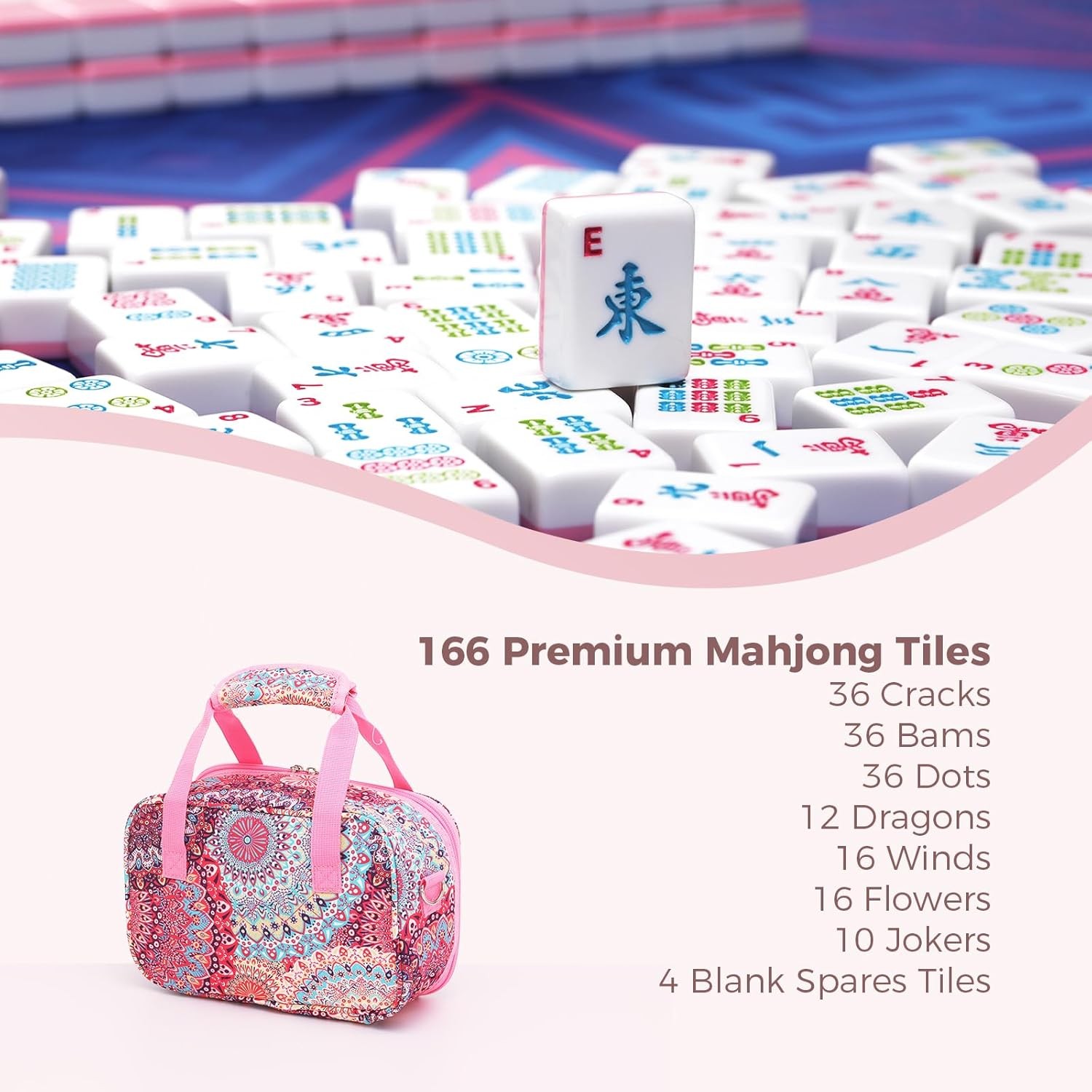 166 Pink American Printed Mahjong Game Set with Carrying Bag and Accessories, 1.