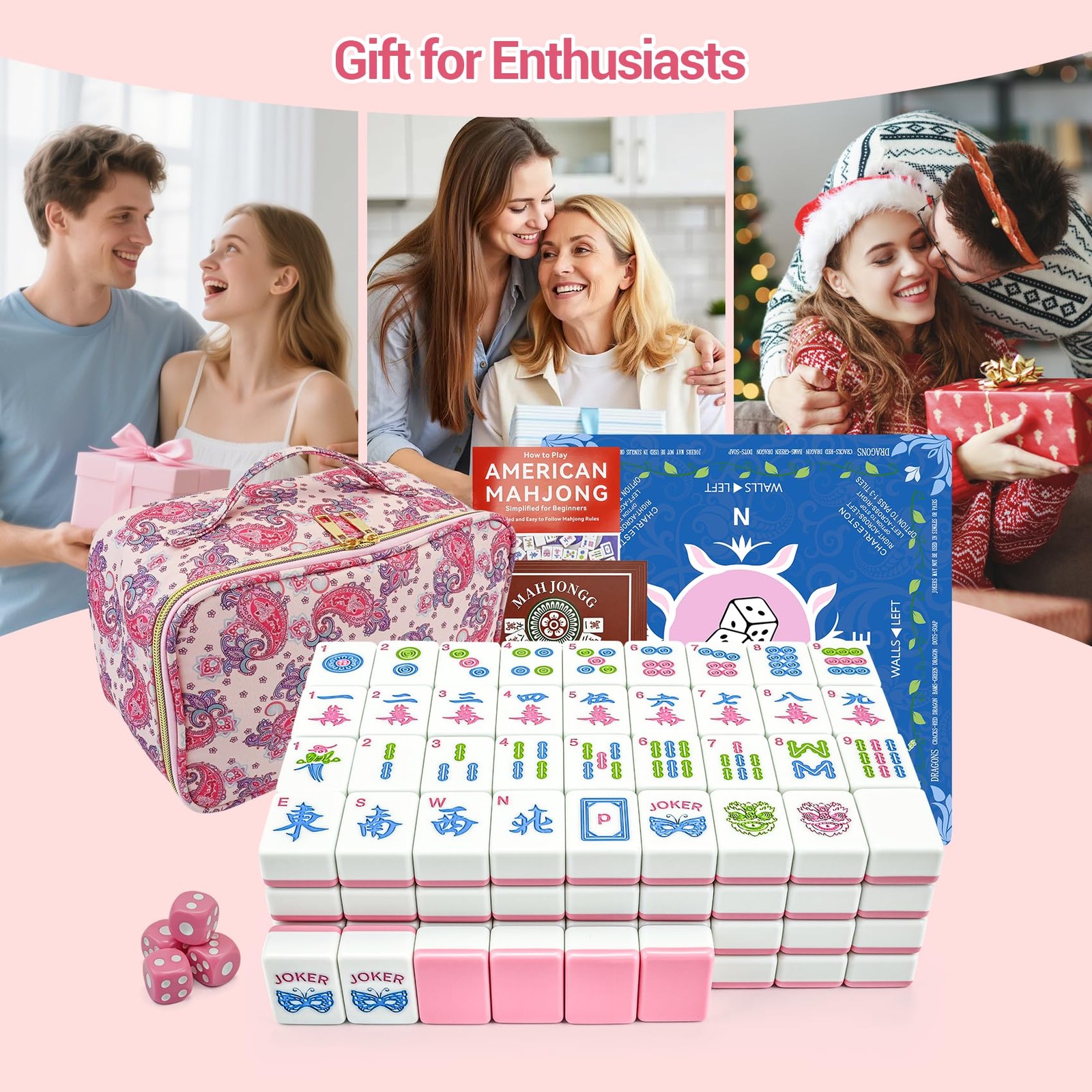 Gartu American Mahjong Tile Set, 166 Pink Tiles (1.2”), Mahjong Tile Set with…