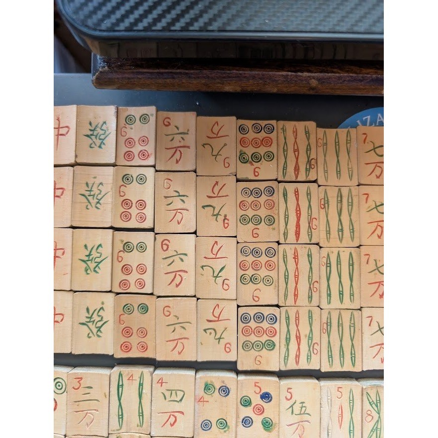 Antique 20s Admiral Mahjong Set Bone Bamboo Tiles Sticks Tin Box Hand Carved