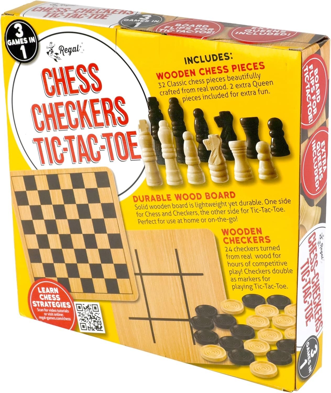 Reversible 3-in-1 Wooden Board for Chess, Checkers & Tic-Tac-Toe – Family Fun