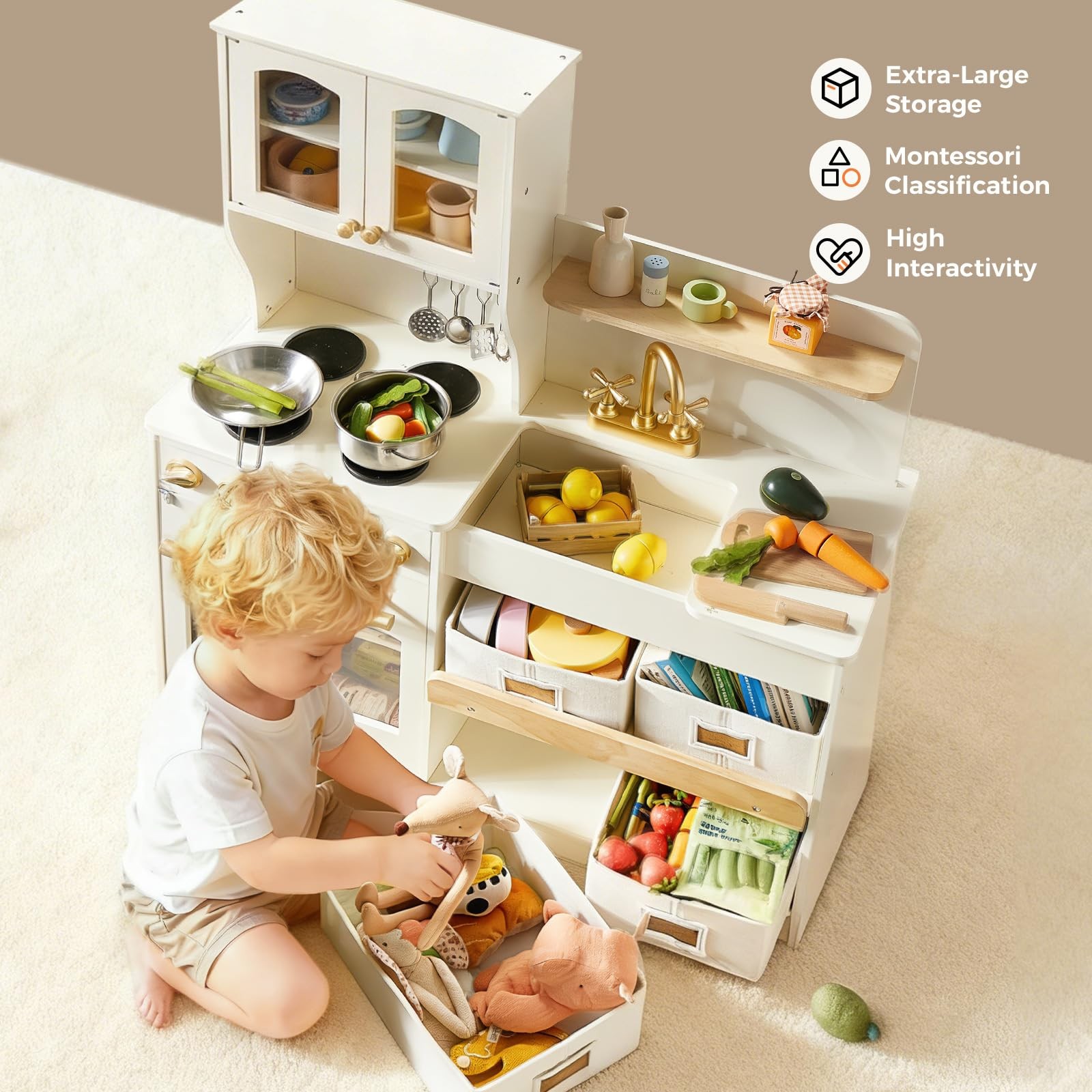 Wooden Play Kitchen Kids Toddler Stove Sink Cabinets Storage Tiny Land Enhanced