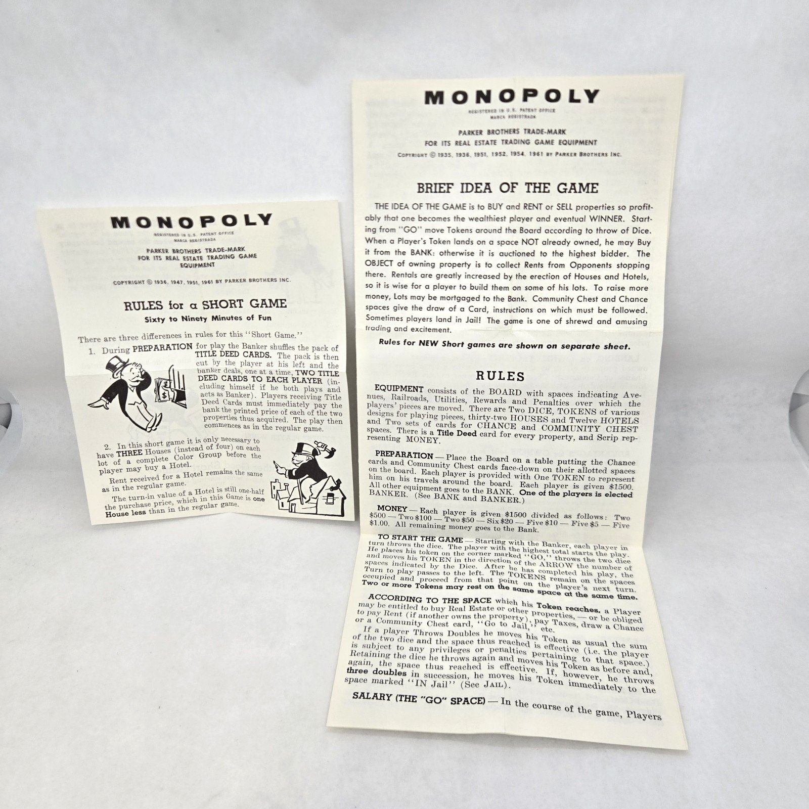 Set of 2 Vintage Monopoly Replacement Instruction Manuals ©1961 Long & Short