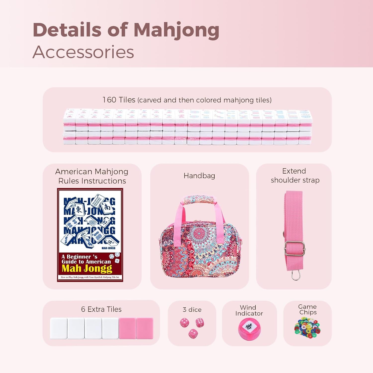 166 Pink American Printed Mahjong Game Set with Carrying Bag and Accessories, 1.