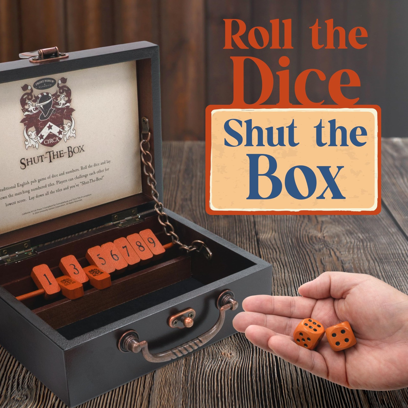 Front Porch Classics, Circa Shut the Box, Wooden 9 Number Dice Game with Case…
