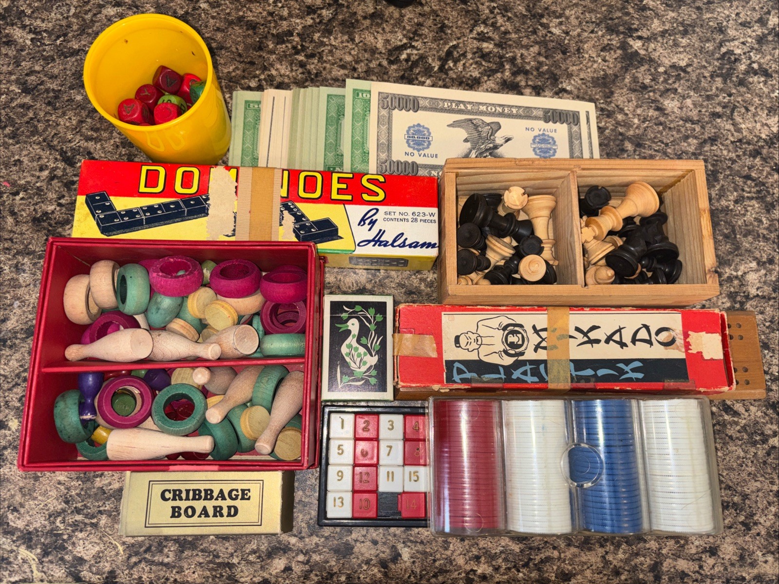 Lot Vintage Board Games Domino. Chess. Cribbage Board Dice Cards Chips