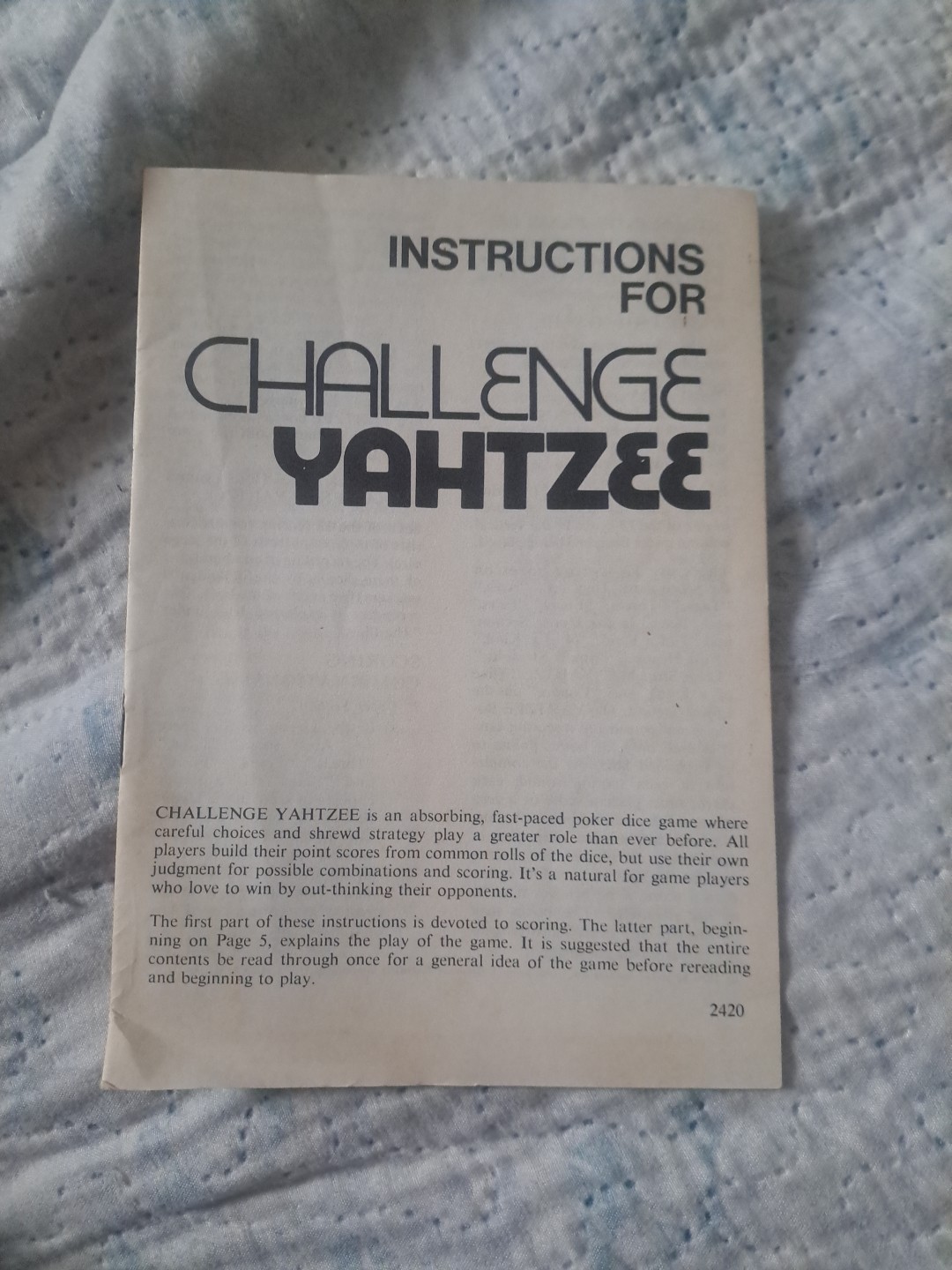 Vintage Challenge Yahtzee Instruction Manual Pre-owned Good Condition