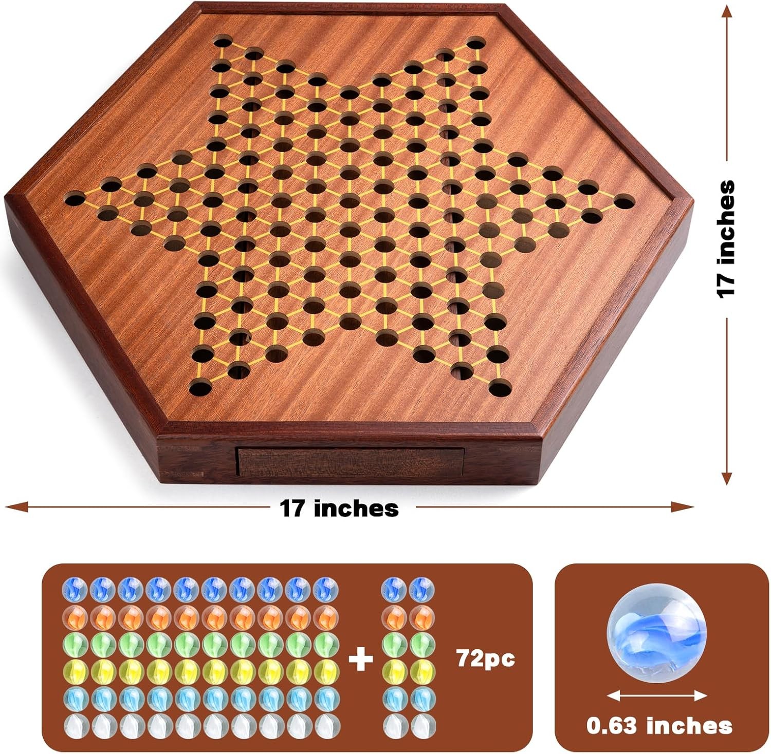 Large 17″ Chinese Checkers Board Game for 2-6 Player Wooden Game Board, 16Mm 60+