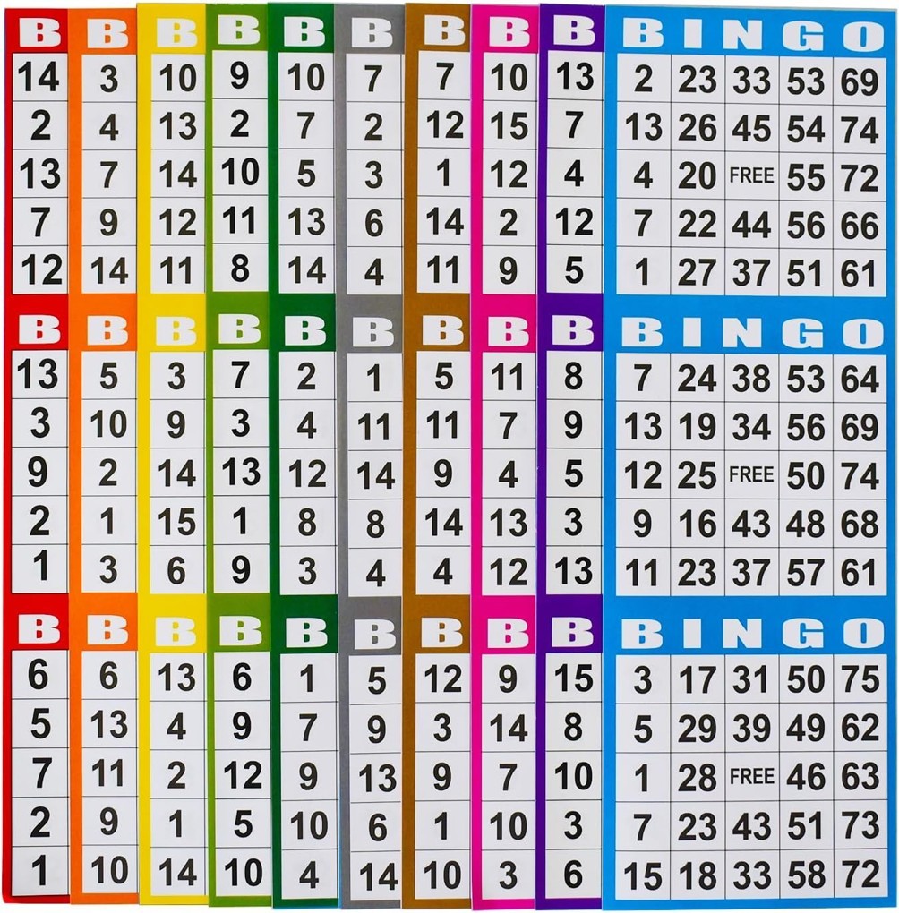 Bingo Paper Game Cards 4×12 Inches 3 Card Sets 100 Books 10 Colors
