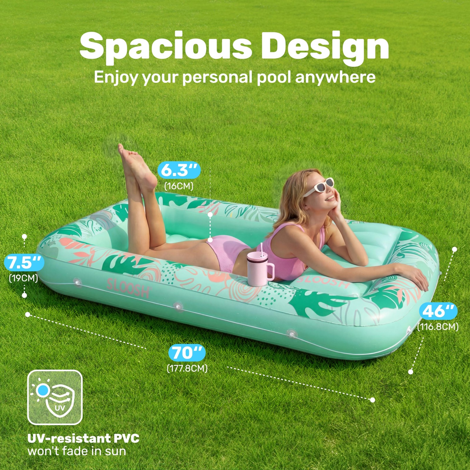 Pool Float Lounger 70 x 46 Inflatable Suntan Tub Large Aqua Blue SLOOSH Tanning