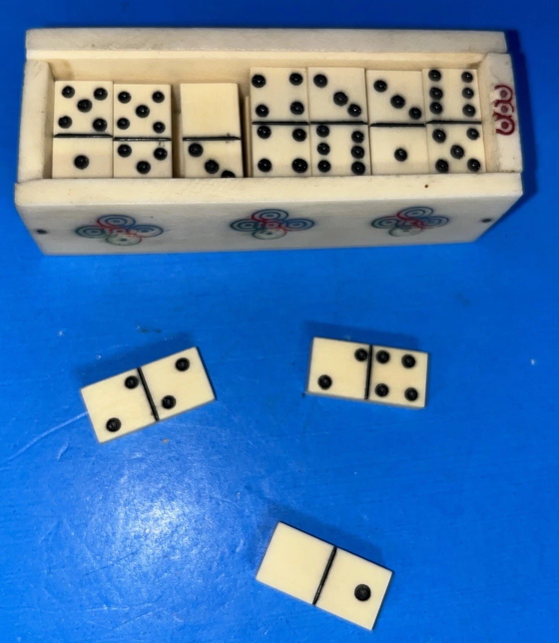 Miniature Bone Domino Set Slide Lid Box Mexican Folk Art 1960s Vintage
