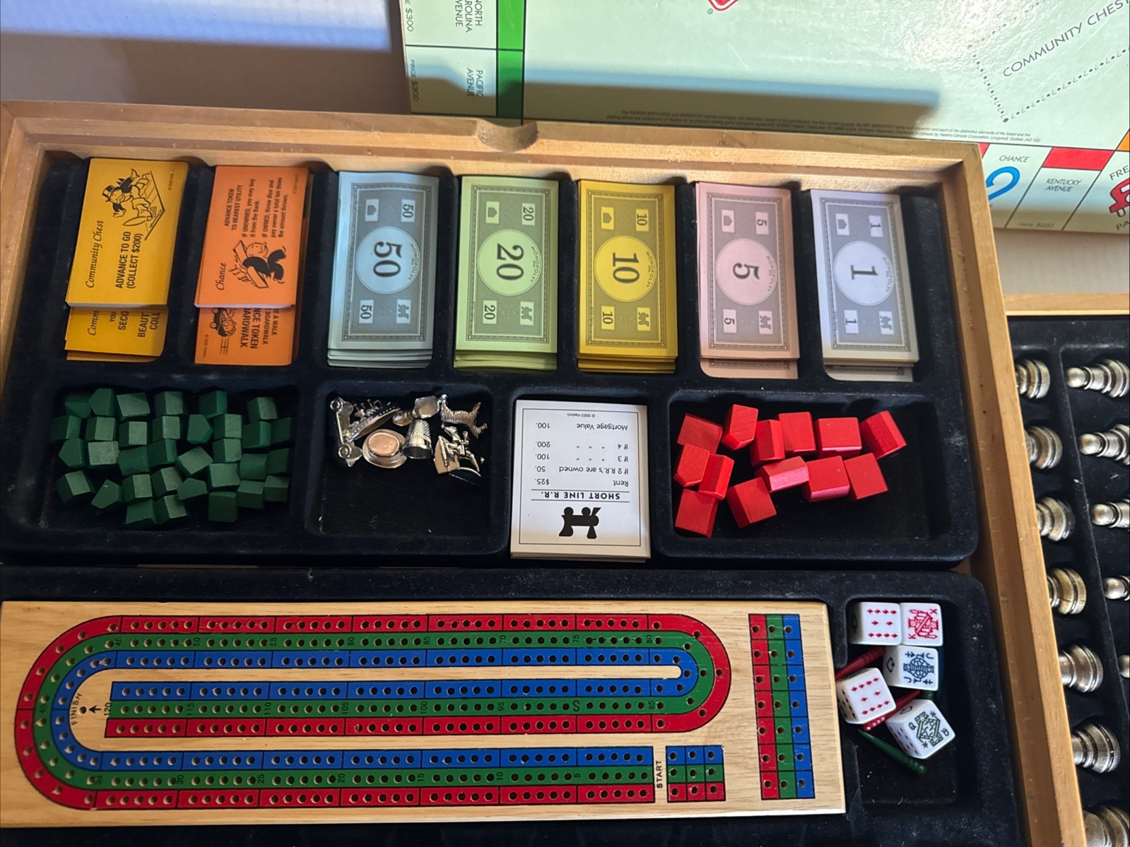 Deluxe Solid Wood Cabinet Monopoly + Clue + 6 Classic Games Chess Checkers Cards