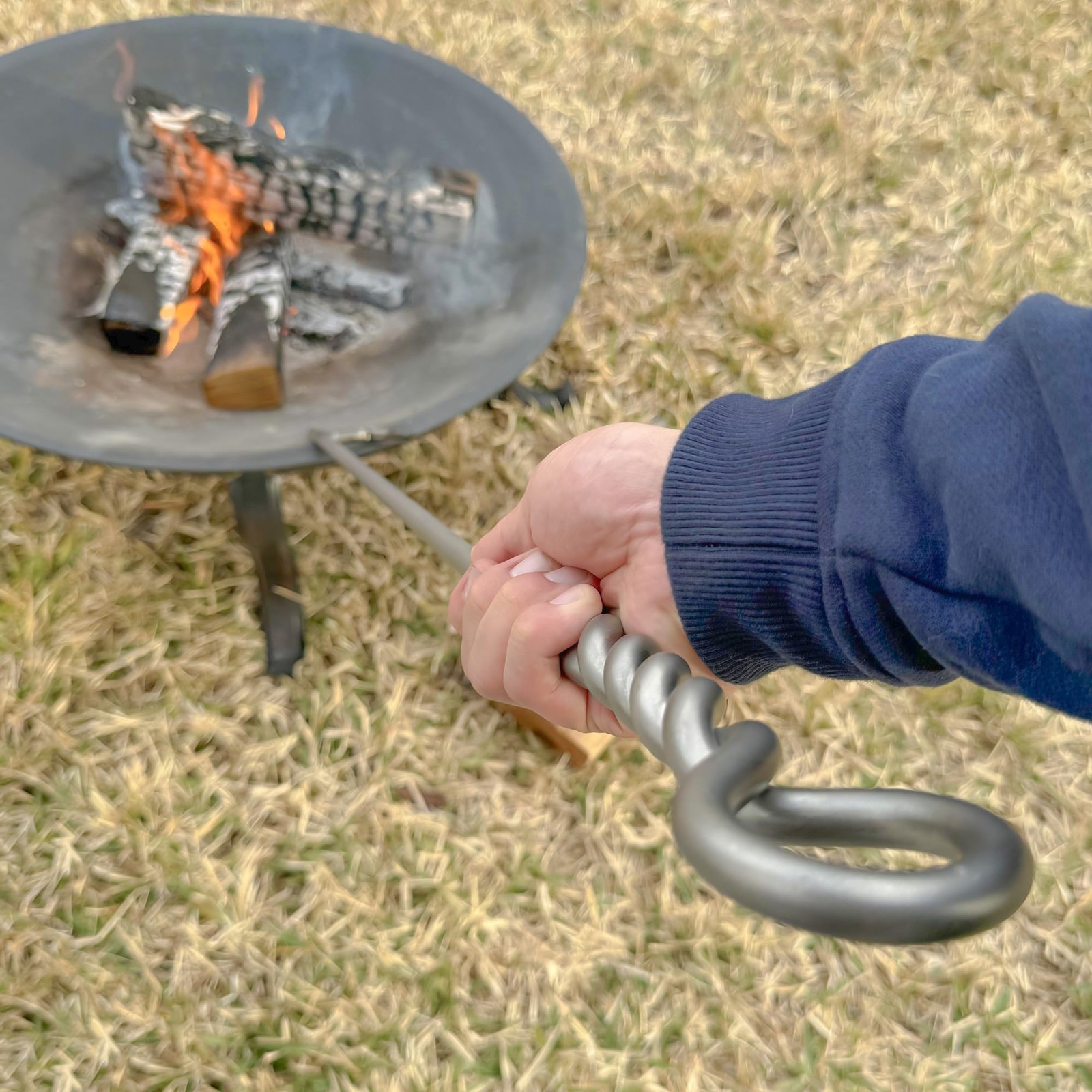 Fire Poker for Pit Outdoor 40in Twisted Rope Design 316 Stainless Silver