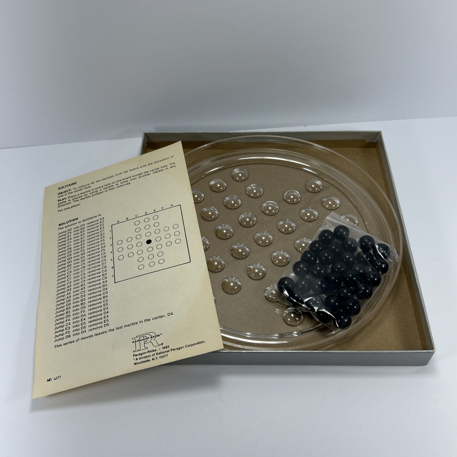1983 Solitaire Game By Paragon-Reiss Game Inc #327 Missing 2 Marbles