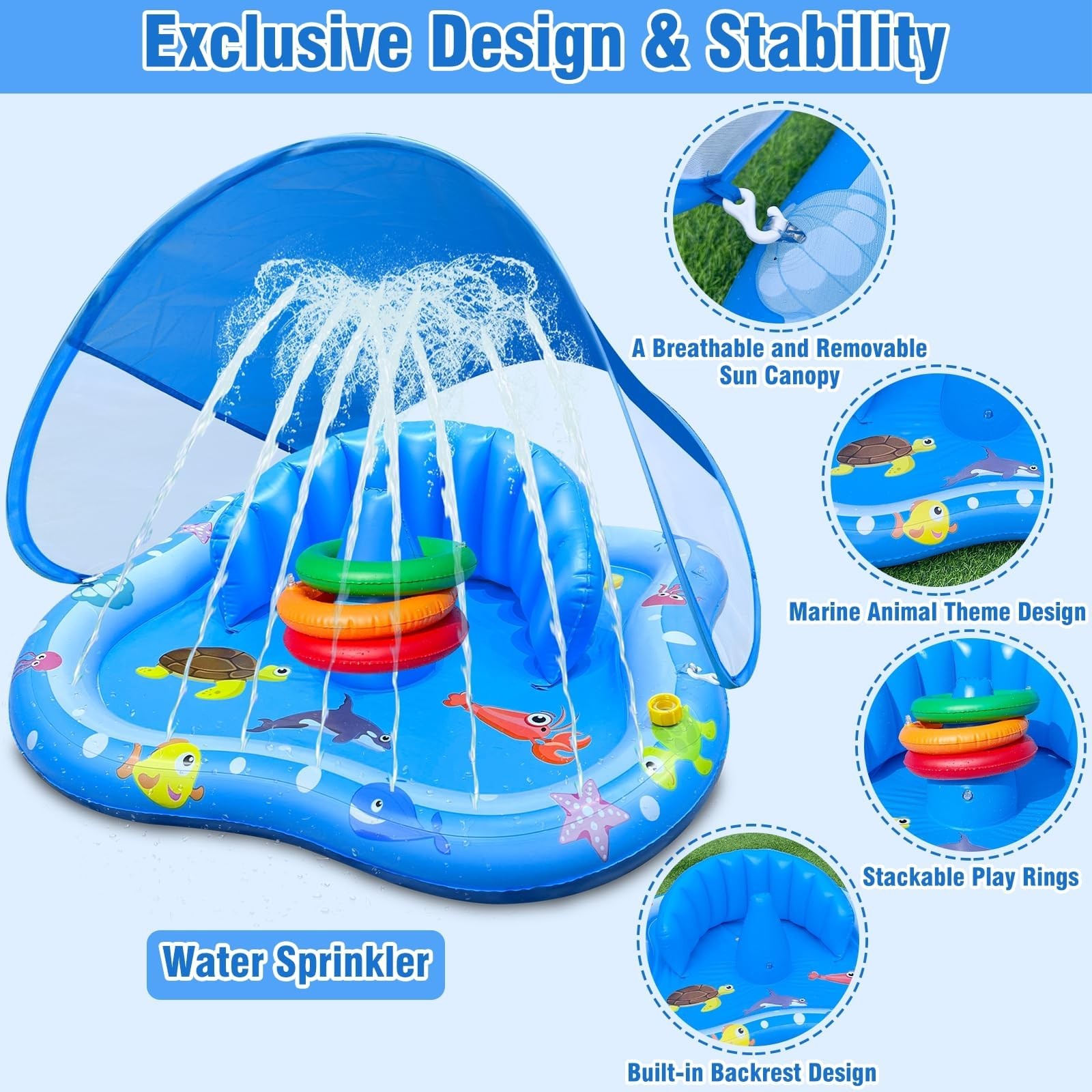 Inflatable Baby Pool Float with Canopy Backrest & Stackable Rings Water iGeeKid