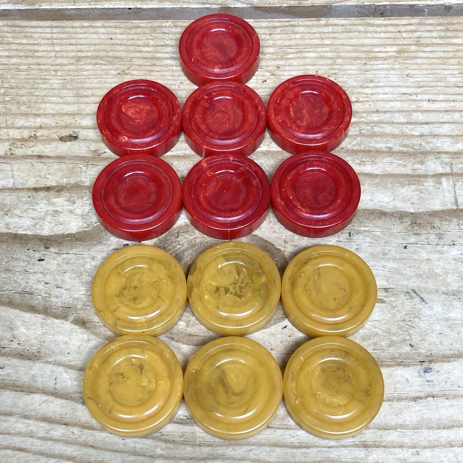 Vintage Bakelite Backgammon Checkers Set with 13 Pieces Red Yellow Butterscotch