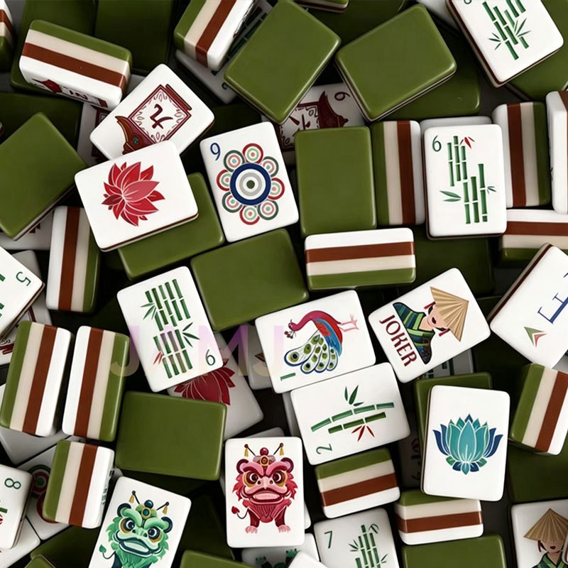 4-Layer Acrylic Mahjong Set 160Pcs Olive Green Chinese Carved American Mahjong