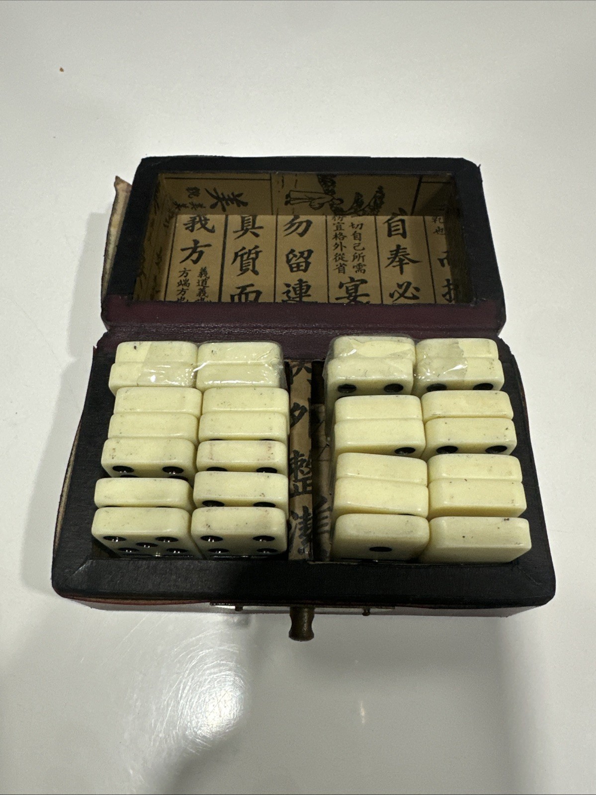 Vintage Chinese Red Leather Box Dragon Art -Box for Mini- Dominoes Game