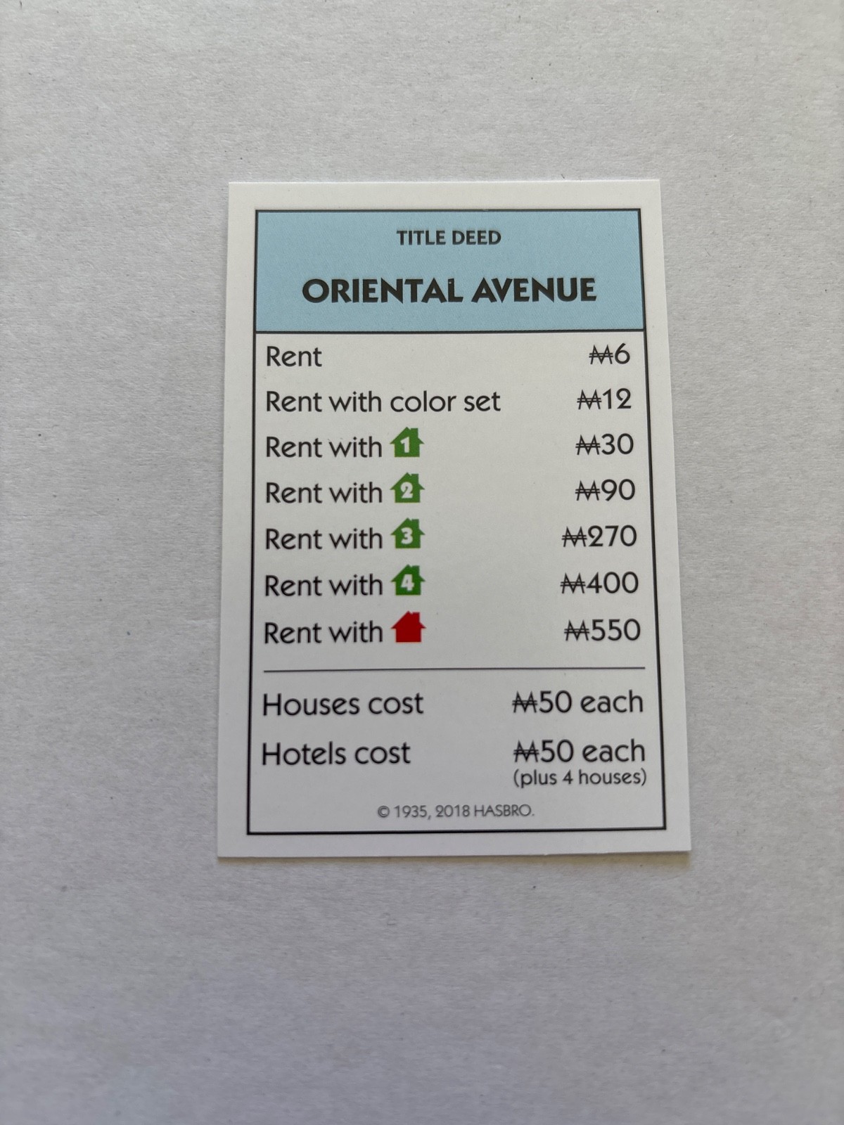 2018 Monopoly Oriental Ave Light Blue Title Deed Card Game Piece Part
