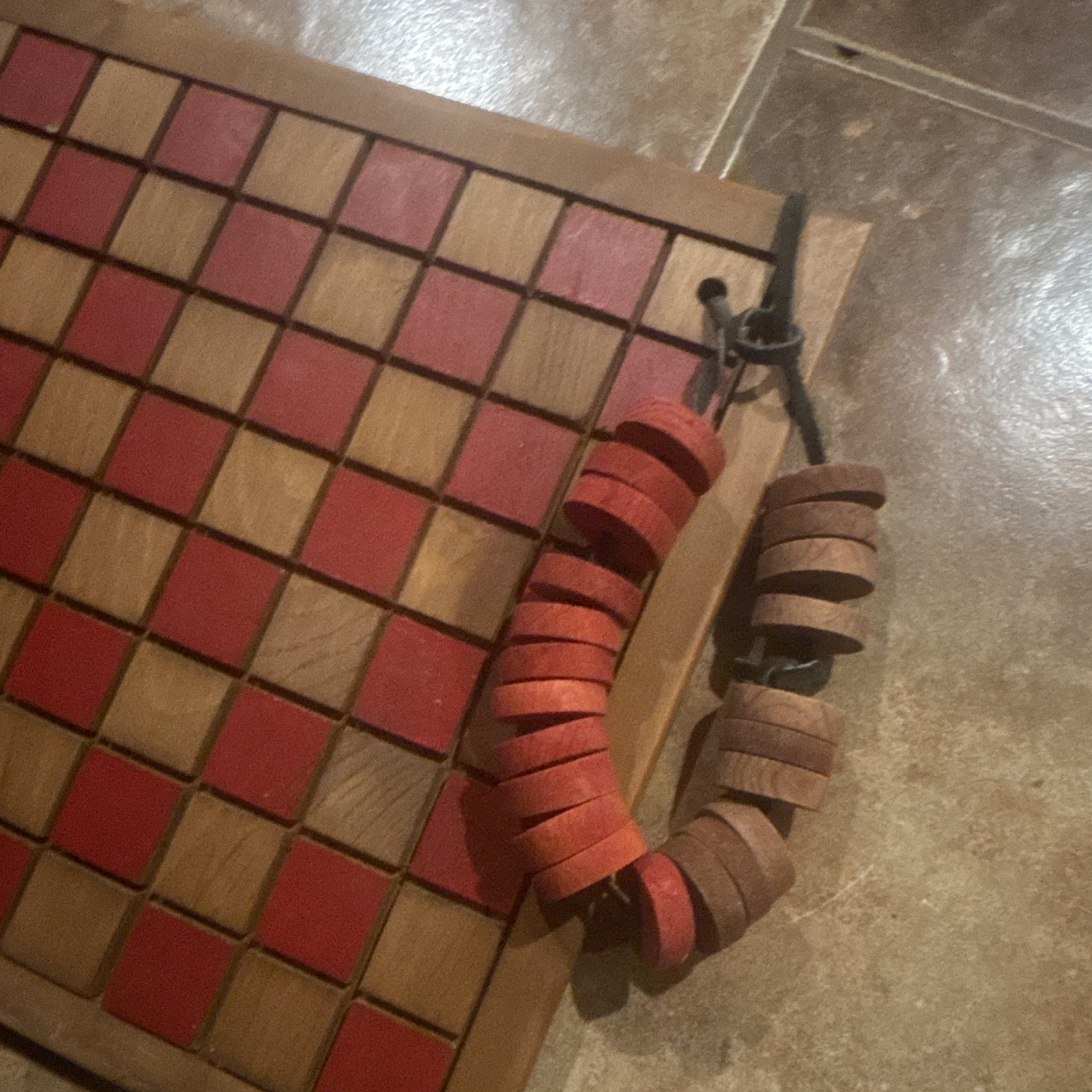 Vintage Wooden Draughts/Checkers Board Game w/ Red & Natural Wood Pieces