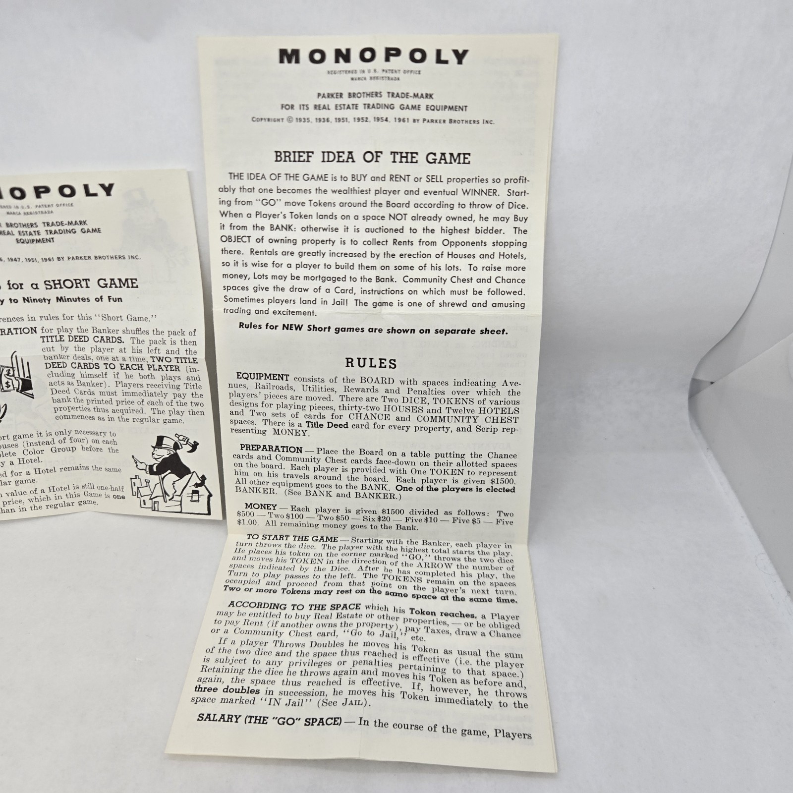 Set of 2 Vintage Monopoly Replacement Instruction Manuals ©1961 Long & Short