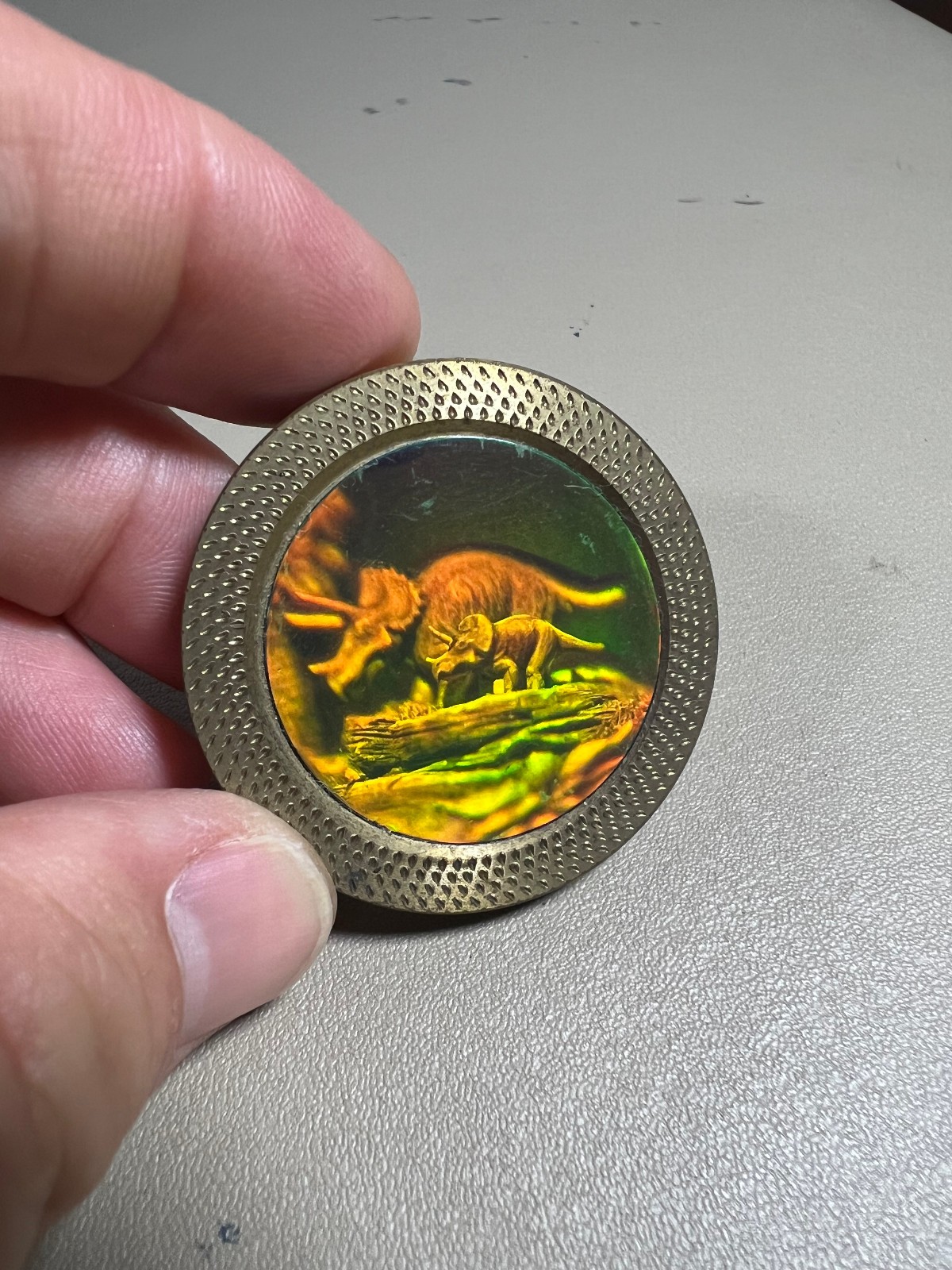 Vintage Brass Holographic Triceratops Family Dinosaur Hologram Pog Slammer Heavy