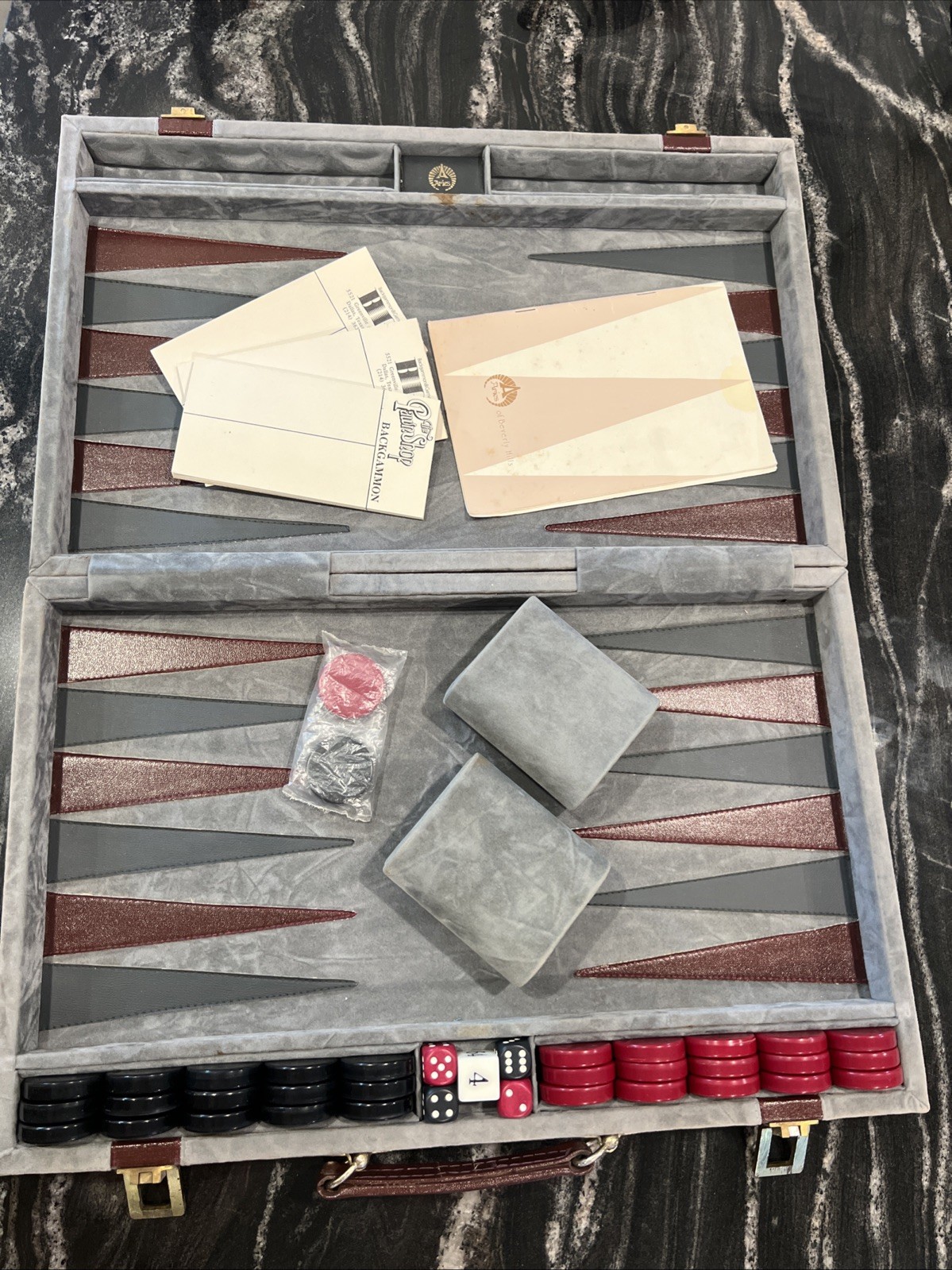 Aries of Beverly Hills Vintage Backgammon Set Gray and Red Travel Case Complete