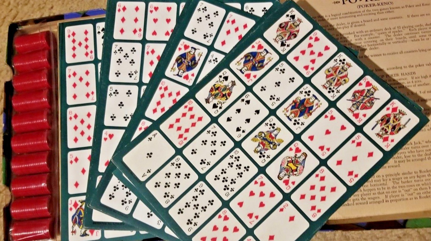 Vintage Po Keno Family Card Game – 12 Board & 200 Chip Set -Unusual Colorful Box