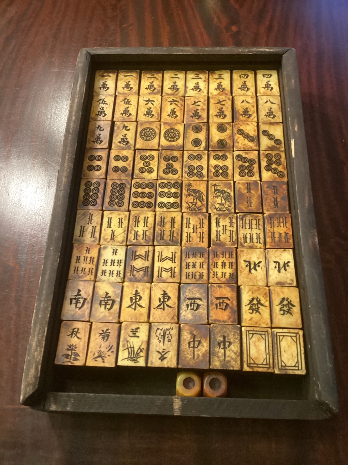 Antique 1920s Folk Art Mah Jong Set Hand Carved Bone & Bomboo Dovetail Pieces