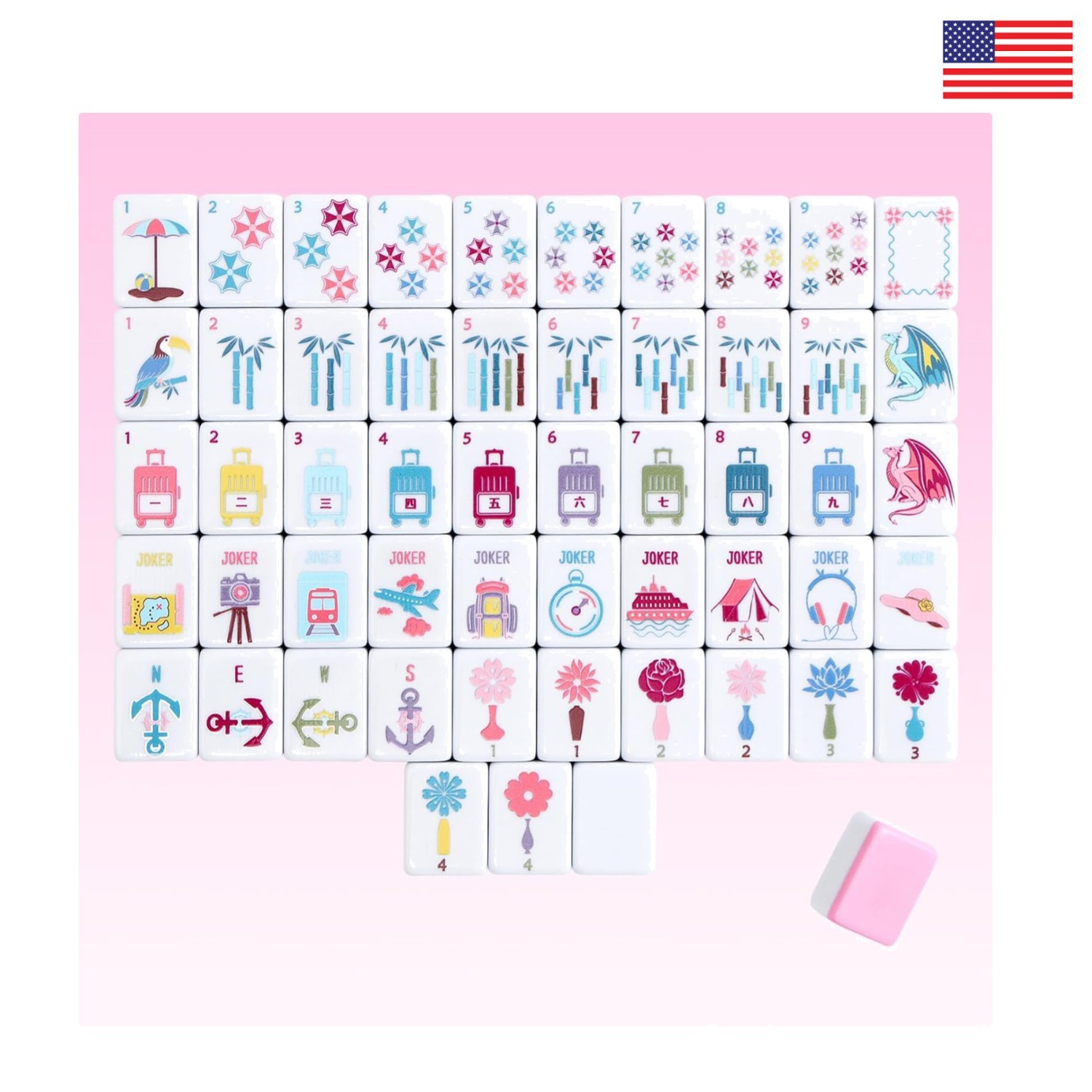 160 Pink Printed American Mahjong Game Set with Carrying Bag and Accessories NEW