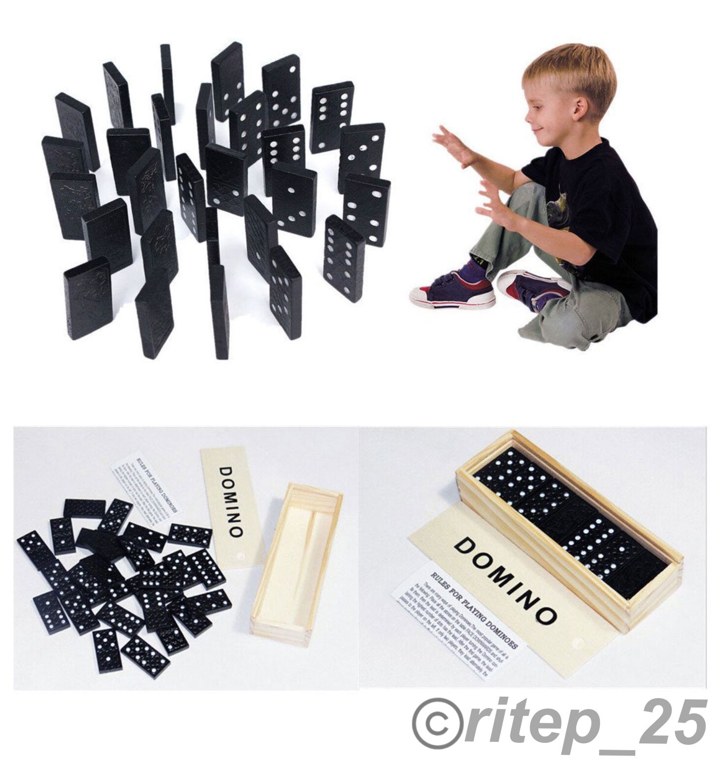 Standard DOMINOES Set of 28 Mini Black Double Six Domino Tiles With Wood Case