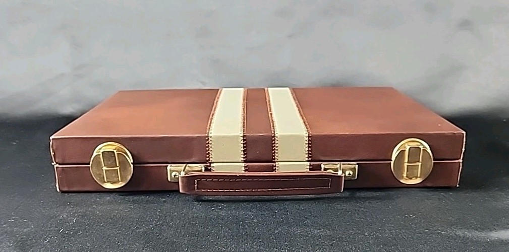 Vintage Backgammon Set Travel Case Leatherette Complete w Dice Cups 1950s 60s