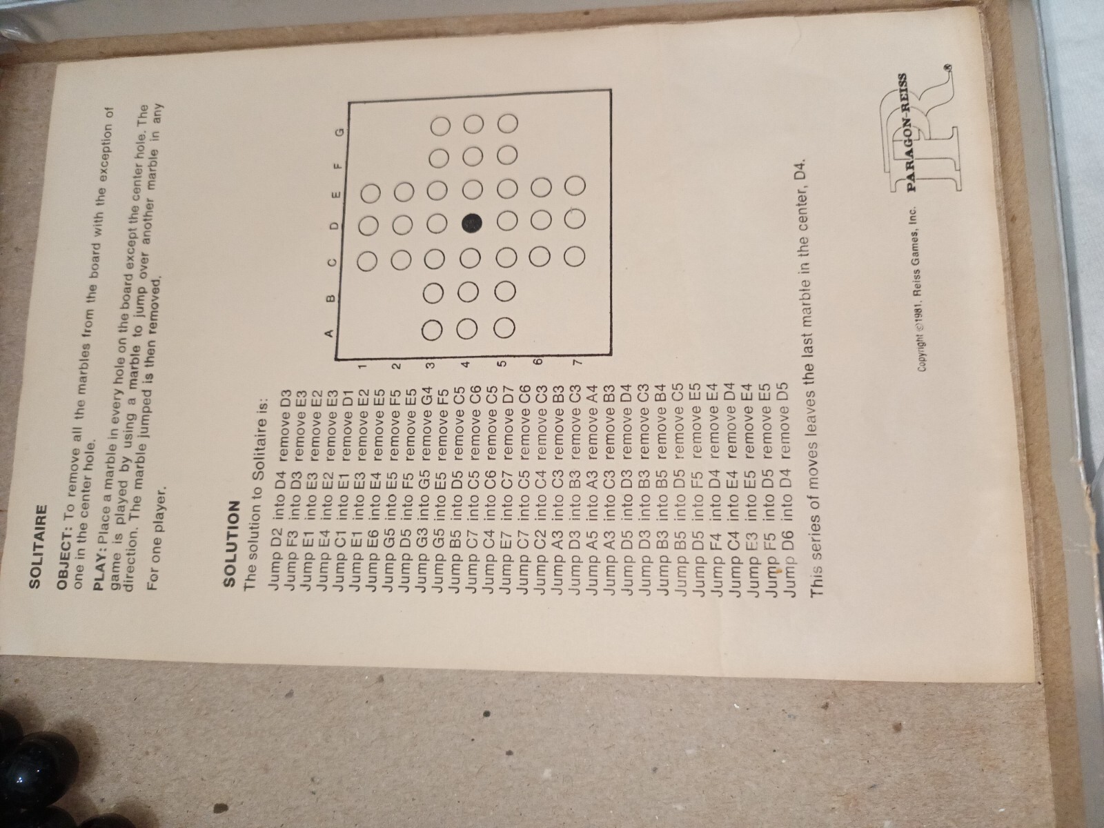 1981 Solitaire Game By Reiss Game Inc #327 Missing 2 Marbles